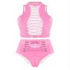 inhzoy Women's Patent Leather Lingerie Set, Bra and Panties, Wetlook Hotpants, Pink_C XL view 1