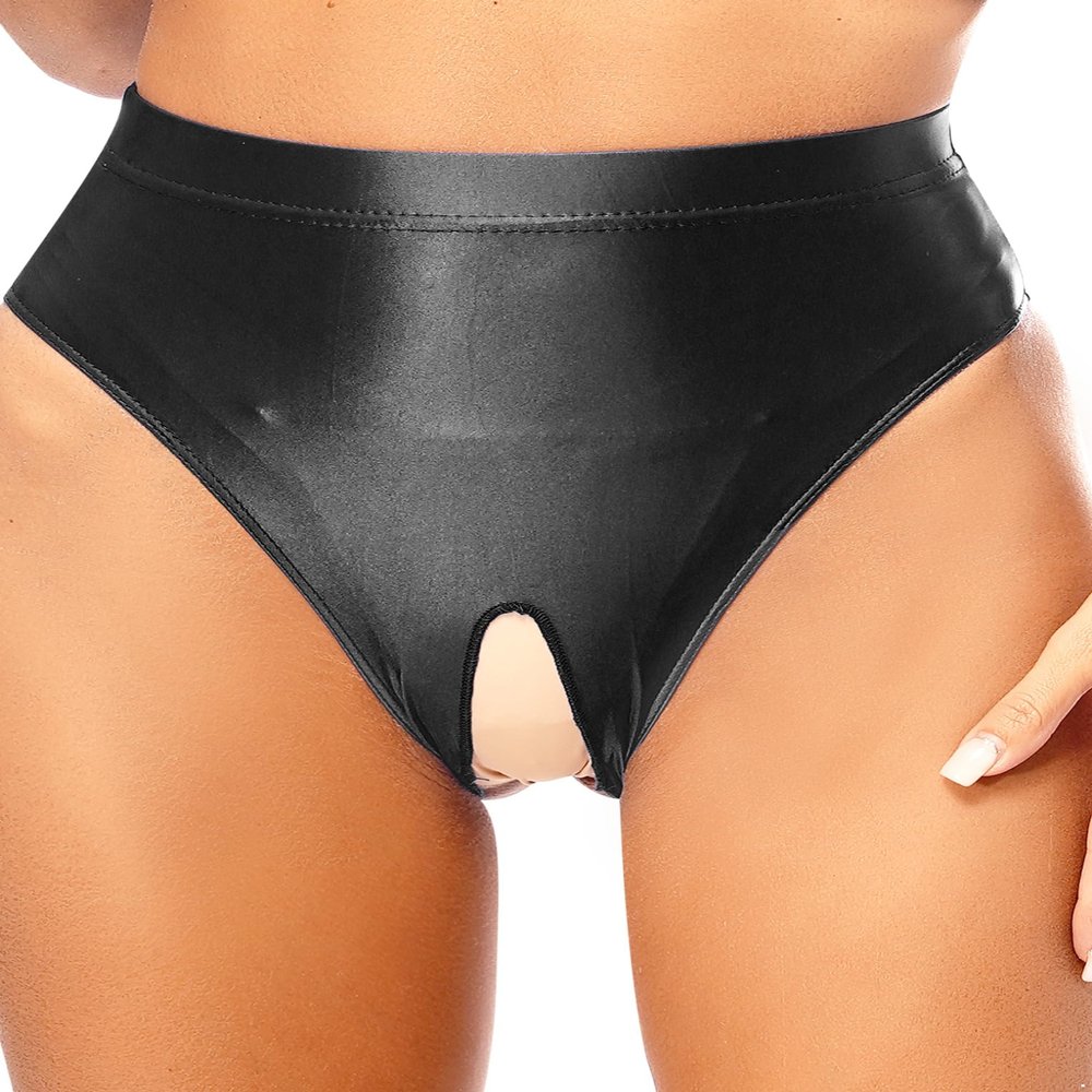 Oyolan Women's Ouvert Thong, High-Waisted Open-Crotch Lingerie, Black, M