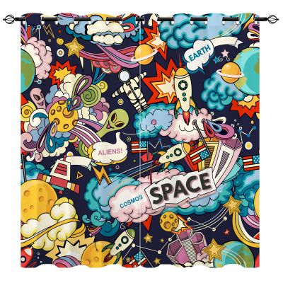YUANZU Cosmos Rocket Planet Star Blackout Curtains for Kids' Room, 2 Panels, 160 x 132 cm