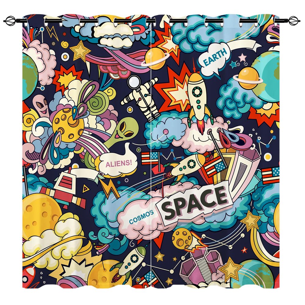 YUANZU Cosmos Rocket Planet Star Blackout Curtains for Kids' Room, 2 Panels, 160 x 132 cm