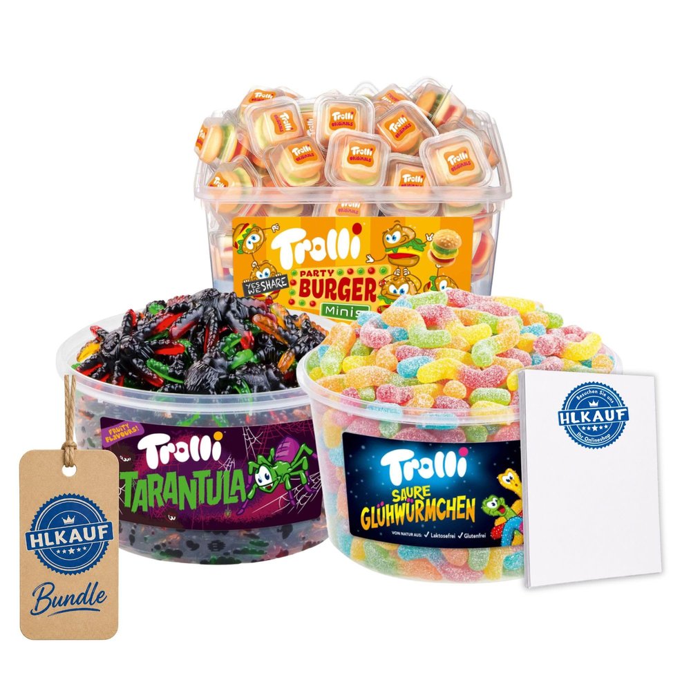 HLKauf Bundle Trolli Candy Tins, Various Sets: 1-, 2-, 3- or 4-Piece Set, Bro Party Mixed Pack, Bulk Pack, 1x Tarantula, 1x Burger, 1x Glow Worm & 1x HLKauf Notepad