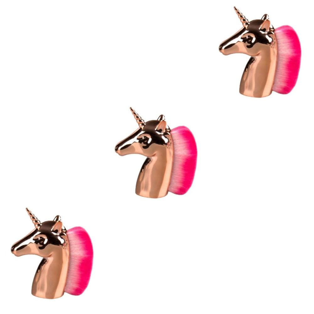 Healeved 3-Piece Unicorn-Shaped Makeup Brush Set for Powder, Blush, and Foundation, Gold Handles, Pink Bristles, with Bag