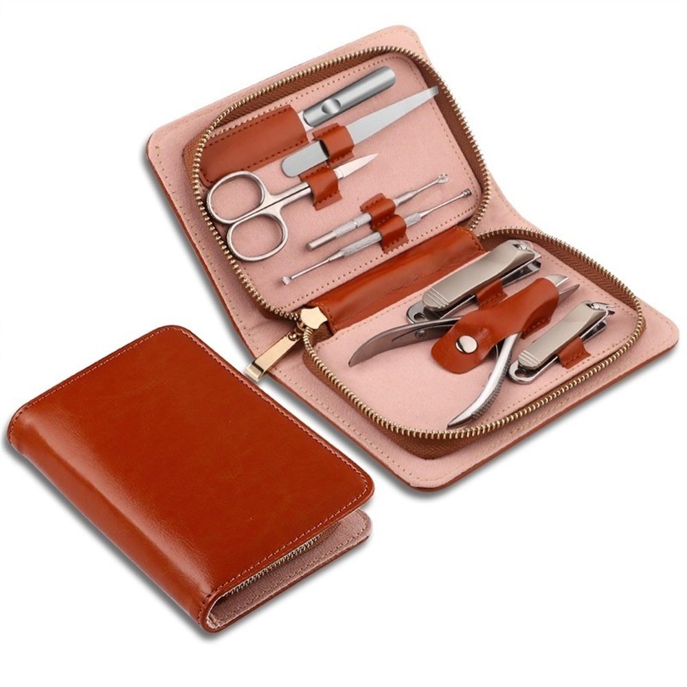8-Piece Stainless Steel Manicure & Pedicure Set with Leather Travel Case, Brown