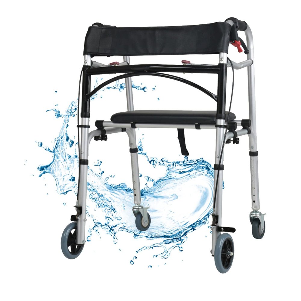Walking Frame with Seat, Height-Adjustable Rollator with Brakes and Wheels, Lightweight and Foldable, Rehabilitation Aid for Older Adults with Disabilities, Starlight