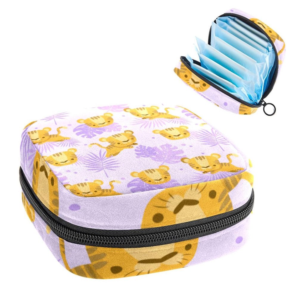 Zippered Menstrual Product Storage Pouch with Tiger and Leaf Pattern