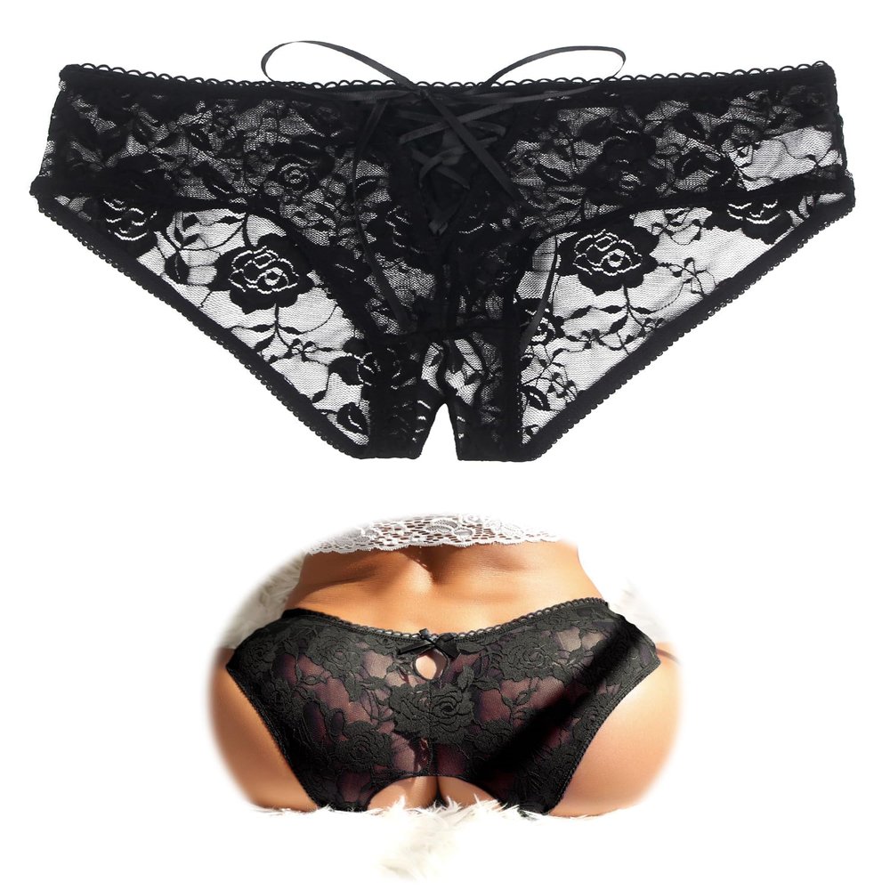 ohmydear Open-Crotch Lace Thong Panties, Black, 3XL-4XL
