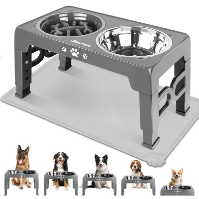 Jovrun Elevated Dog Bowls, 5-Height Adjustable Stand with 2 Stainless Steel Bowls and Slow Feeder