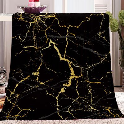 PLEETS Cozy Flannel Fleece Blanket, Black-and-Gold Marble Texture, 130 x 170 cm