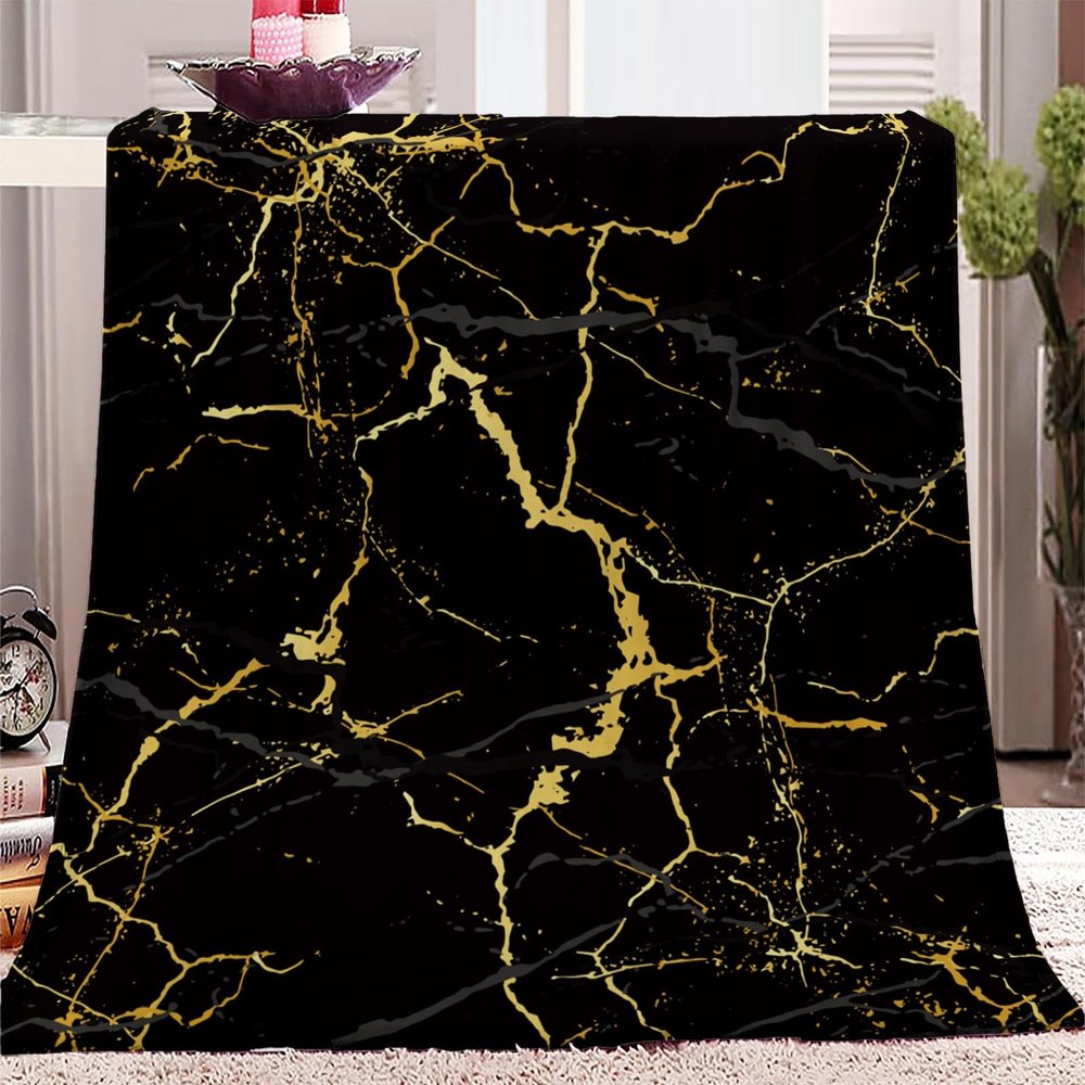PLEETS Cozy Flannel Fleece Blanket, Black-and-Gold Marble Texture, 130 x 170 cm
