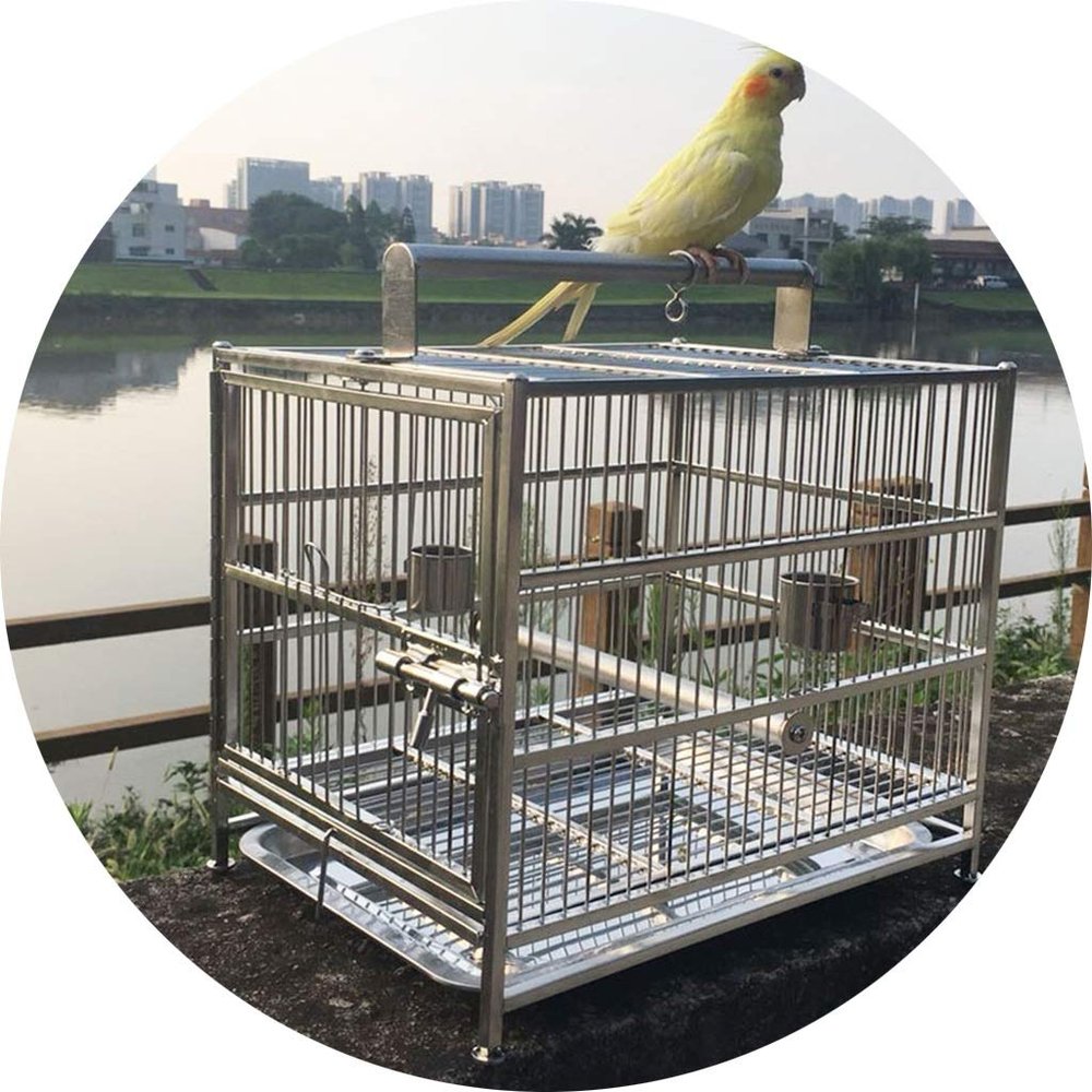 WYRMB Stainless Steel Bird Cage for Parrots, Portable, with Metal Handle, Silver, 36 x 28 x 40 cm