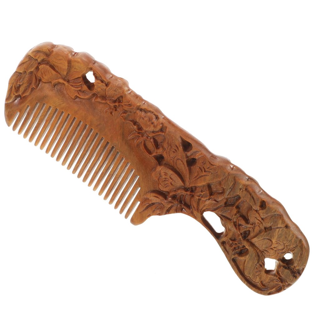 FRCOLOR Carved Wooden Fine-Tooth Pocket Comb with Handle