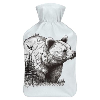 YJWANDL Hand-Drawn Bear Print Hot Water Bottle with Plush Cover, 26.5 x 15.3 cm