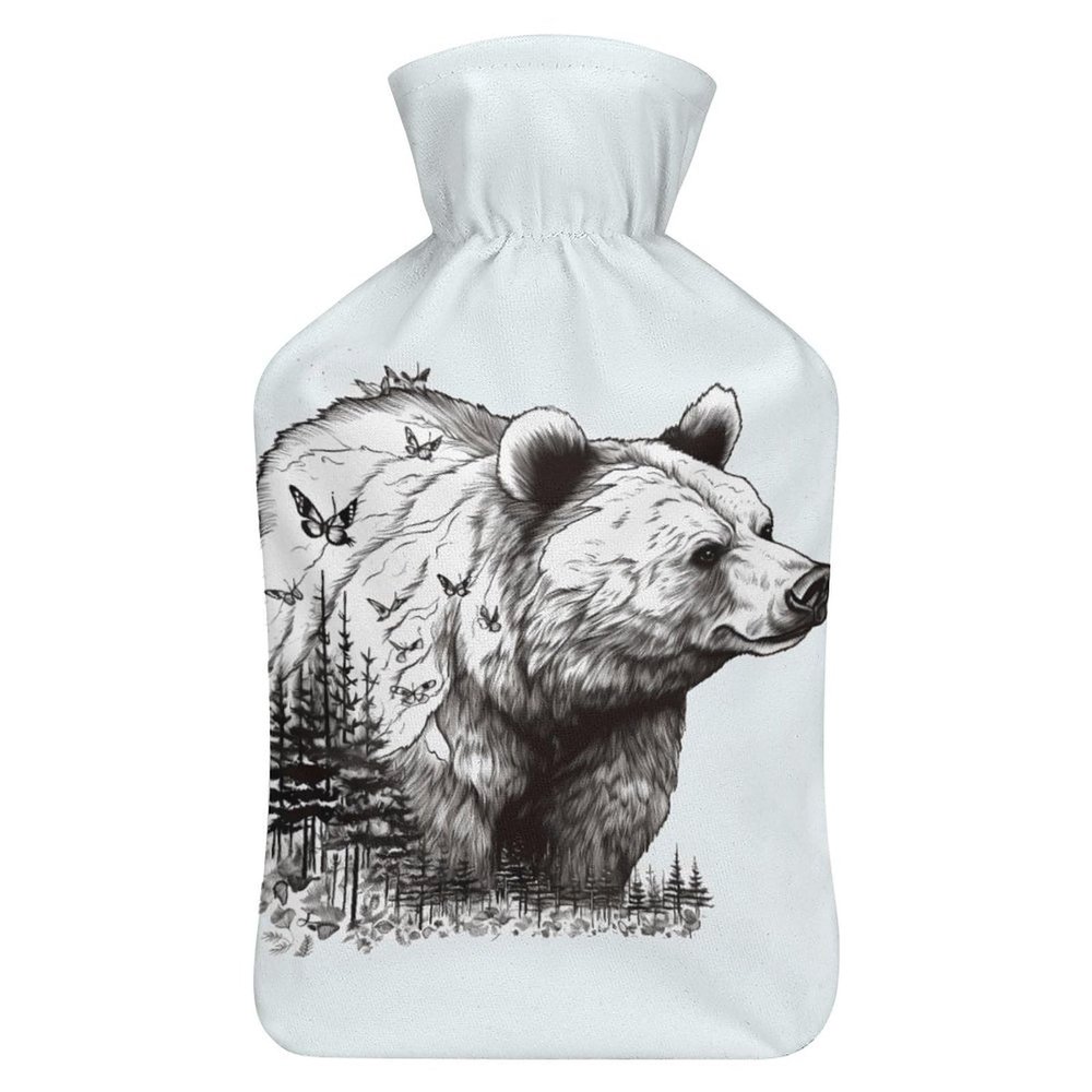 YJWANDL Hand-Drawn Bear Print Hot Water Bottle with Plush Cover, 26.5 x 15.3 cm