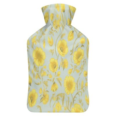 Hot Water Bottle with Yellow Floral Print and Plush Cover