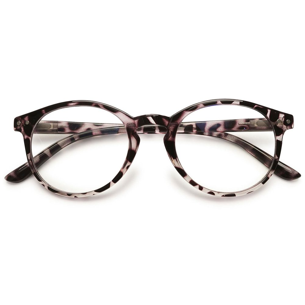ABETOS Women's Round Oval Reading Glasses with Blue Light Filter, Clear Gray Tortoiseshell Frame, Spring Hinges, +1.75