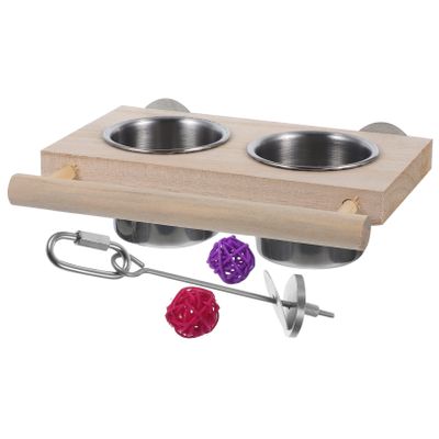 Happyyami Multifunctional Parrot Cage Feeding Set with Stainless Steel Bowl and Wooden Fruit Fork, Large Capacity, Random Color