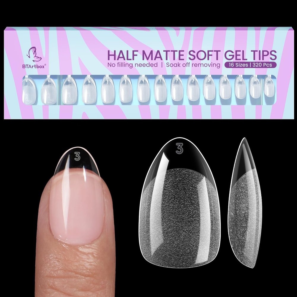 BTArtbox Half-Matte Clear Soft Gel Nail Tips, Short Almond, 320 Pieces