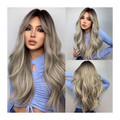 XXAD553TY Women's Cosplay Party Wig, Heat-Resistant Synthetic Brown-Blonde Long Deep-Wavy Wig with Bangs, LC457-1