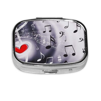 Music & Red Heart Square Pill Box for Purse or Pocket