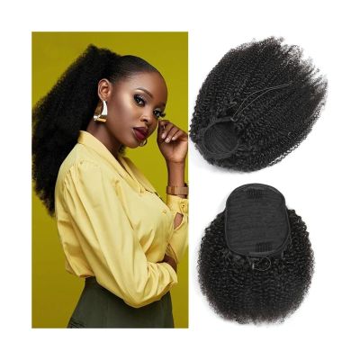 Mongolian Afro Kinky Curly Human Hair Ponytail Extension, 10–28 in, Drawstring Clip-In Remy Hair Ponytail
