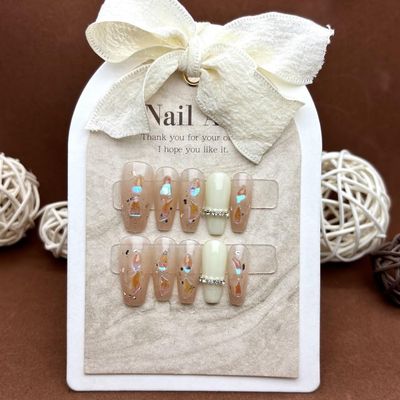 Handmade Sheep-Fat Colored-Diamond Removable Fake Nails, 10-Piece Set (XS)