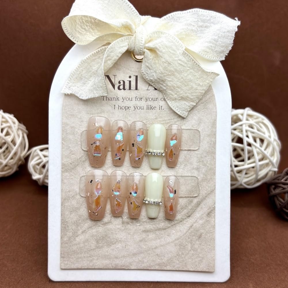 Handmade Sheep-Fat Colored-Diamond Removable Fake Nails, 10-Piece Set (XS)