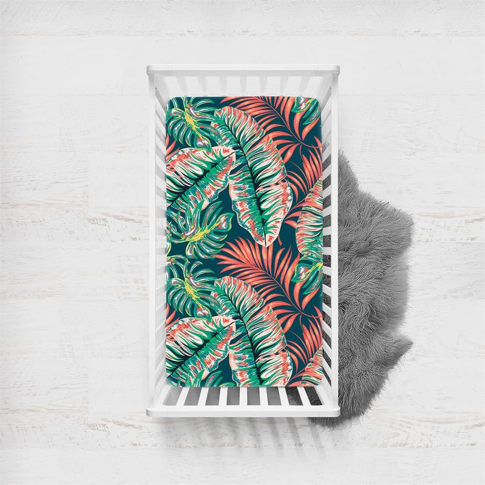 Odot Fitted Sheet for Crib, Stroller Mattress Cover, 3D Leaf Pattern, Soft Baby Crib Sheet with All-Around Elastic (Plant 6.95 x 65 cm)