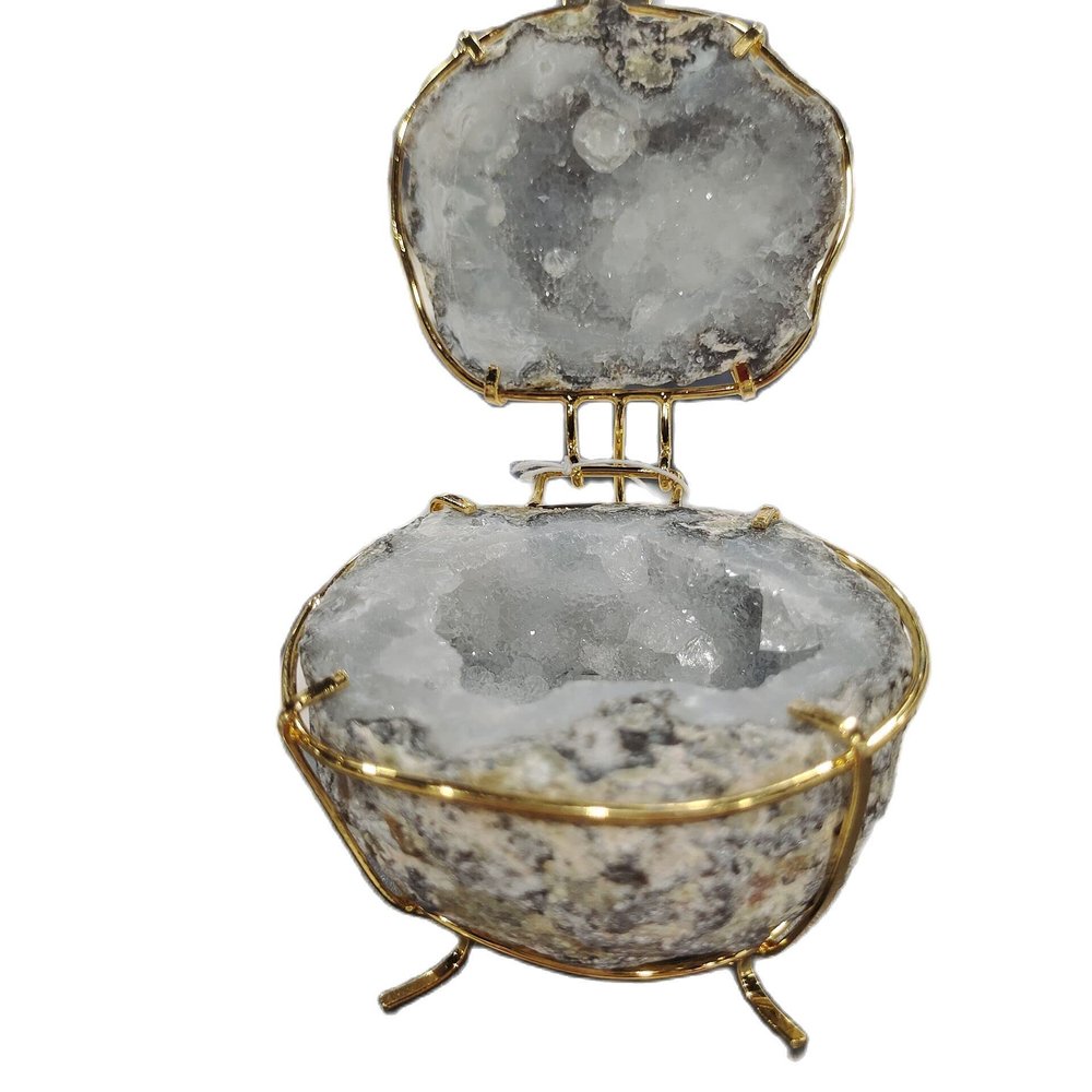 Handmade Natural Agate Geode Jewelry Box with Quartz Cluster