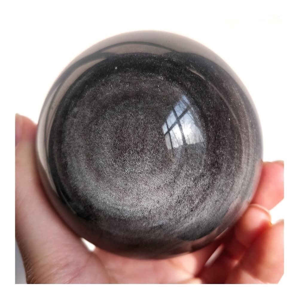 EKFBQBGW Room Decor Natural Silver-Sheen Black Obsidian Crystal Sphere, Wicca Gift for Warding Off Evil Spirits (Size: 7–8 cm)