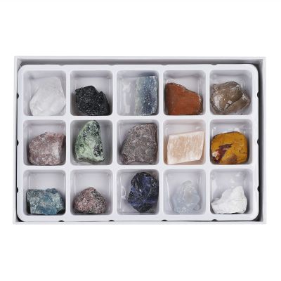 EKFBQBGW Natural Rough Crystal Stones, 15-Piece Box, Pyrite, Selenite and Obsidian, Khaki