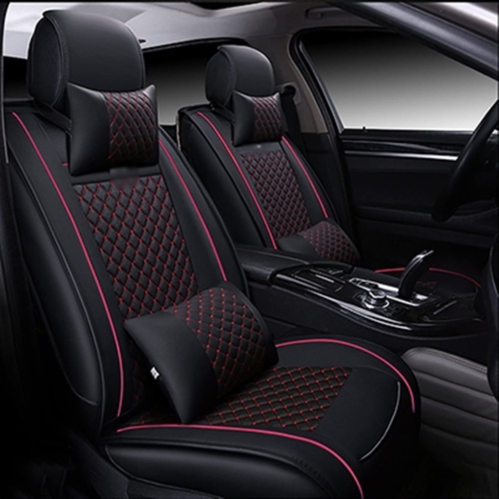 PU Leather Car Seat Covers for Hyundai, 5 Seats, Black/Red with Pillow