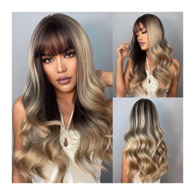 XXAD553TY Women's Ombre Brown-Gold Highlight Synthetic Wig for Black Women, Long Wavy Wig with Bangs (LC040-1)