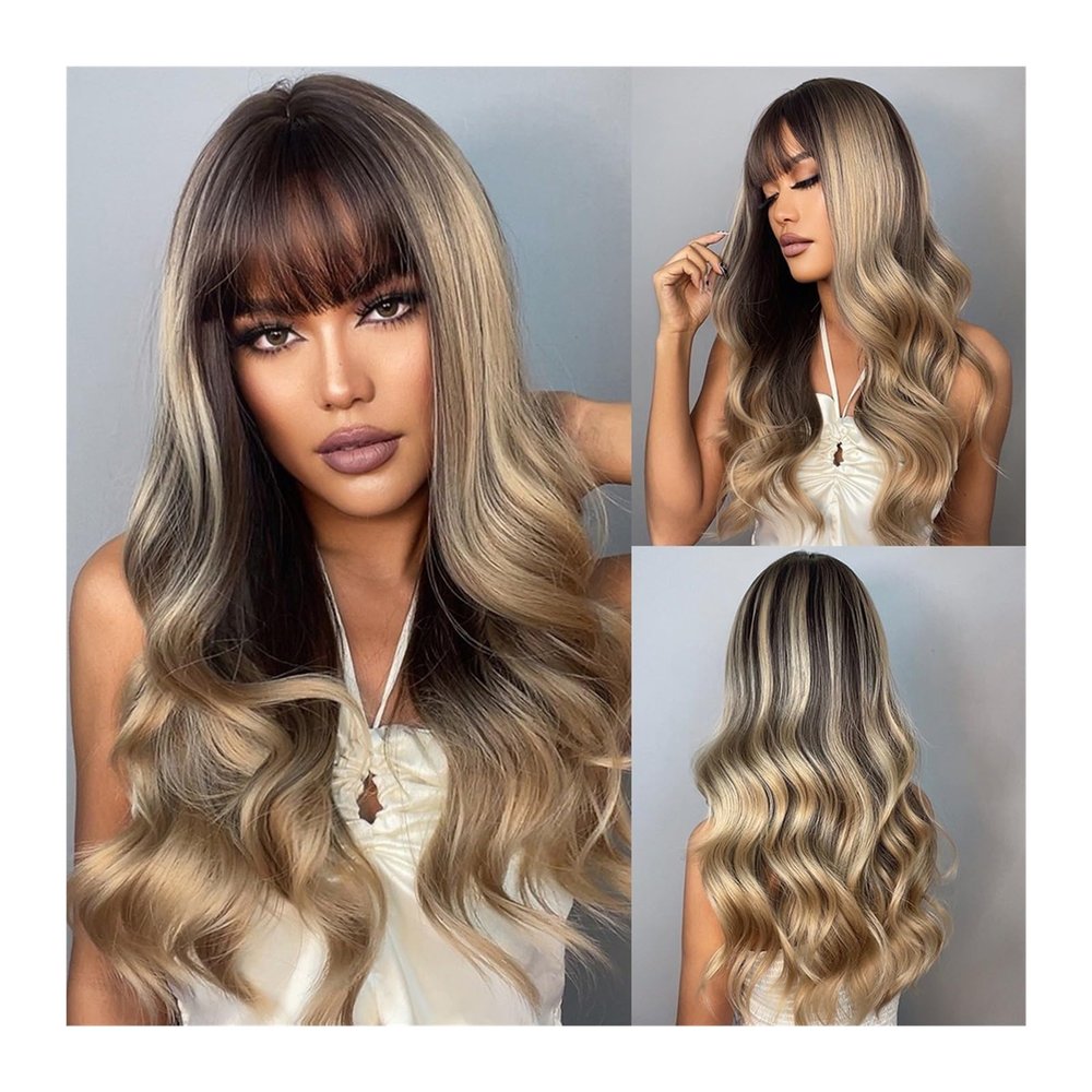XXAD553TY Women's Ombre Brown-Gold Highlight Synthetic Wig for Black Women, Long Wavy Wig with Bangs (LC040-1)