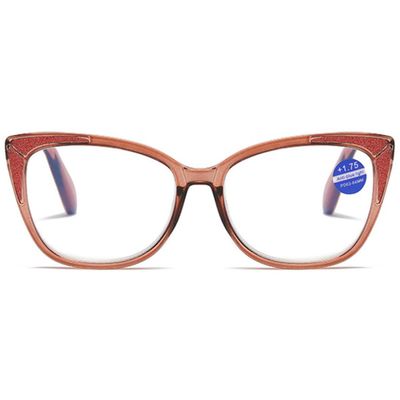 KOOSUFA Women's Cat-Eye Blue-Light-Blocking Reading Glasses, Spring Hinges, Transparent Dark Brown, +1.25