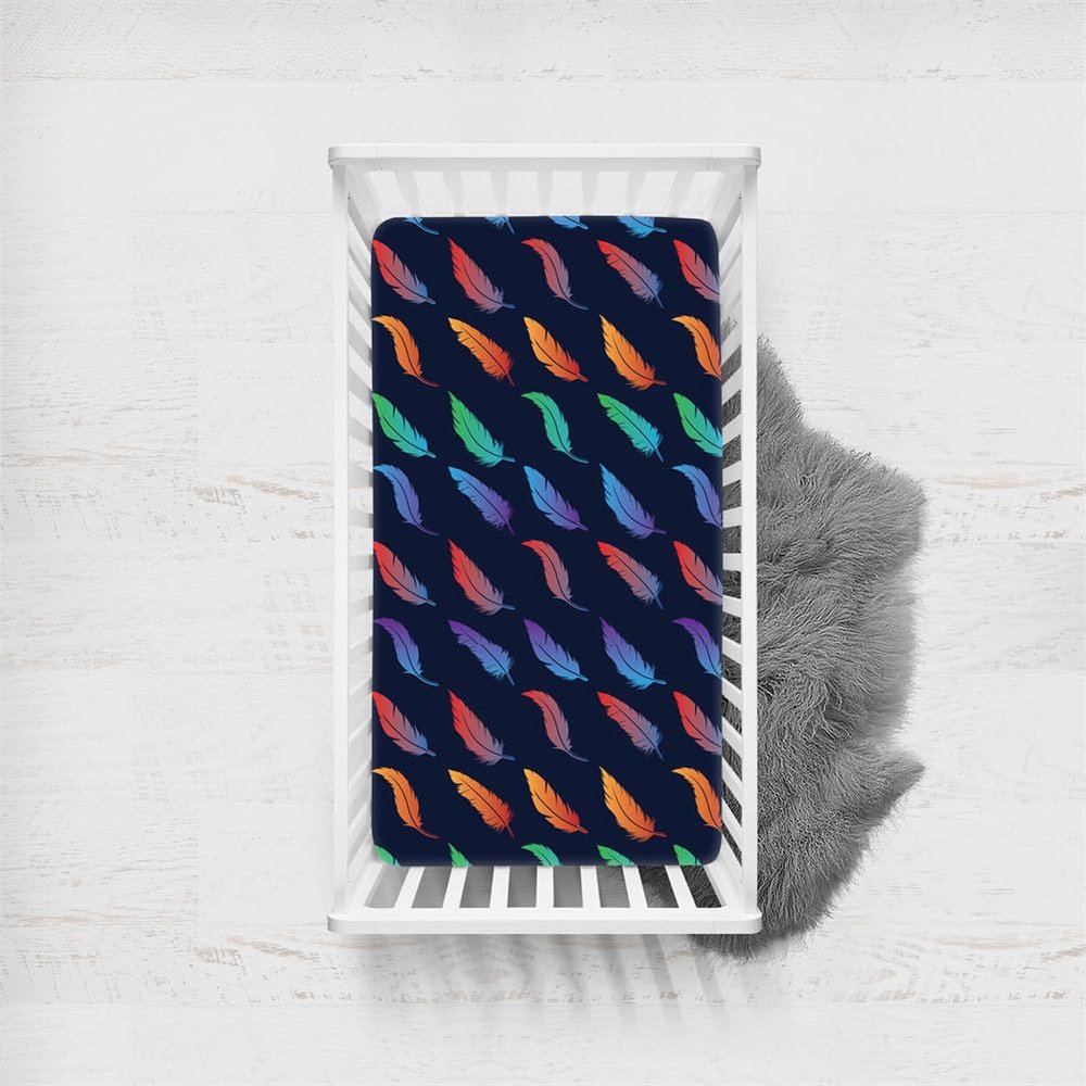 Odot Fitted Sheet for Baby Crib and Stroller Mattress, Colorful Feathers, 90 x 45 cm
