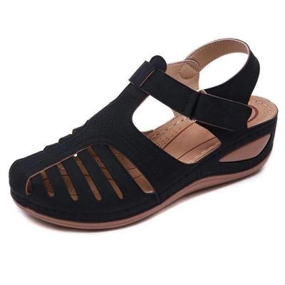 CrEev Women's Summer Sandals, Comfortable Wedge Sandals with Straps, Flat Shoes, Vintage Peep-Toe Suede Flats, Wide-Fit Sandals, 02, 42 (3 40 EU) (3 42 EU)