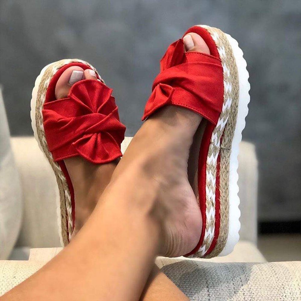 Women's Platform Slip-On Sandals with Wedge Heel, Bow-Knot Front, Open Toe and Non-Slip Thick Sole