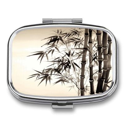 YJWANDO Portable Pill Case with Bamboo Tree and Chinese Calligraphy Print, 2 Compartments