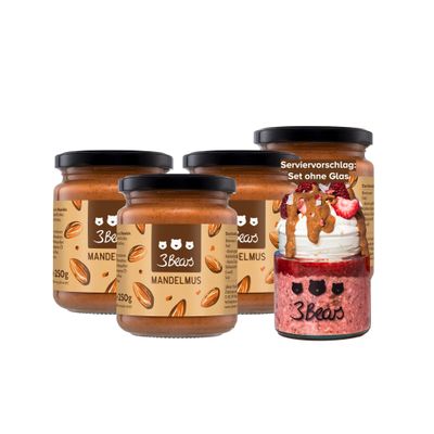 3Bears Almond Butter 4 x 250 g – 100% Roasted Almonds – Unsweetened, Gluten-Free & Vegan – Made in Munich