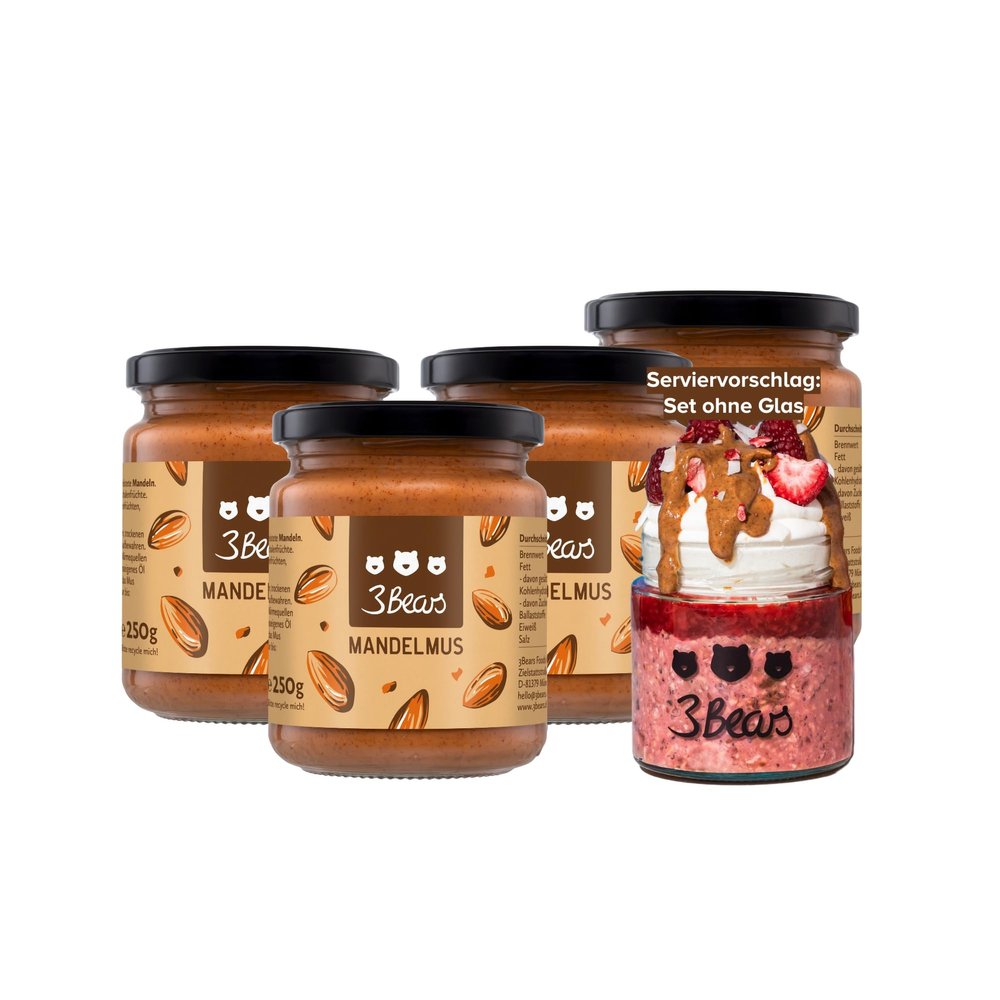 3Bears Almond Butter 4 x 250 g – 100% Roasted Almonds – Unsweetened, Gluten-Free & Vegan – Made in Munich