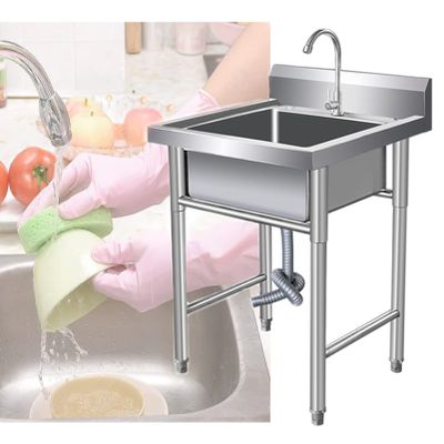 XNYXLPP 304 Stainless Steel Kitchen Sink, Single Bowl, Utility Sink with Stand and Faucet, 50 x 50 x 80 cm