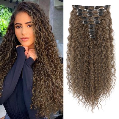 FLUFYMOOZ 9-Piece 22-Inch Clip-In Hair Extensions, Curly Long Soft Synthetic Hairpieces for Women, Dark Ash Brown