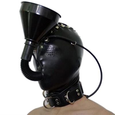 DaiQei BDSM Latex Full-Face Mask with Funnel Gag, Handmade, Color B, Size XXL