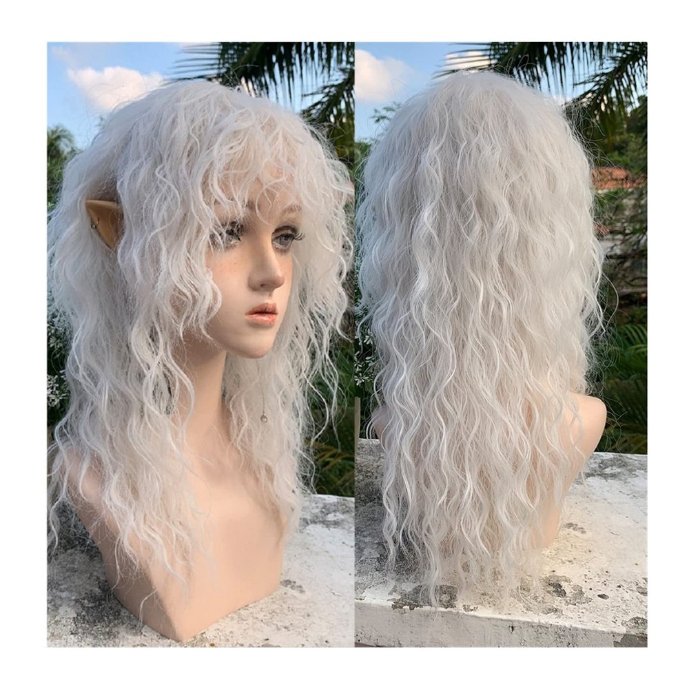 Long Wavy Curly White Synthetic Wig with Bangs