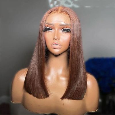 Chocolate Brown 16-Inch Straight Bob Lace Frontal Wig, Brazilian Remy Human Hair, #13x4