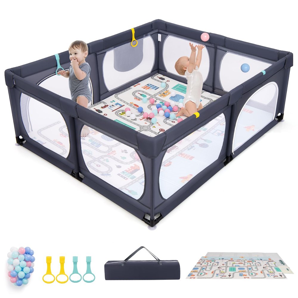 DREAMADE Baby Playpen, 189 x 158 cm, with Mattress, 4 Pull Rings, 50 Ocean Balls and Carrying Bag, Dark Gray