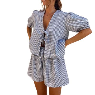 Qianderer Women's Y2K Plaid Shirt and Shorts Set, 2-Piece Lounge and Pajama Outfit, Dark Blue