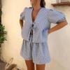 Qianderer Women's Y2K Plaid Shirt and Shorts Set, 2-Piece Lounge and Pajama Outfit, Dark Blue view 2