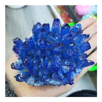 ZDVHOMCB Home Collections Electroplated Blue Aura Quartz Crystal Cluster with Rainbow Light