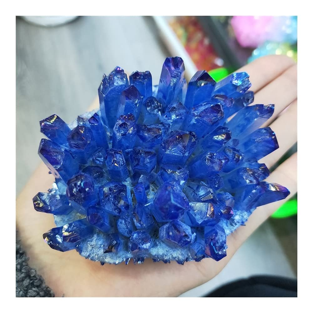 ZDVHOMCB Home Collections Electroplated Blue Aura Quartz Crystal Cluster with Rainbow Light